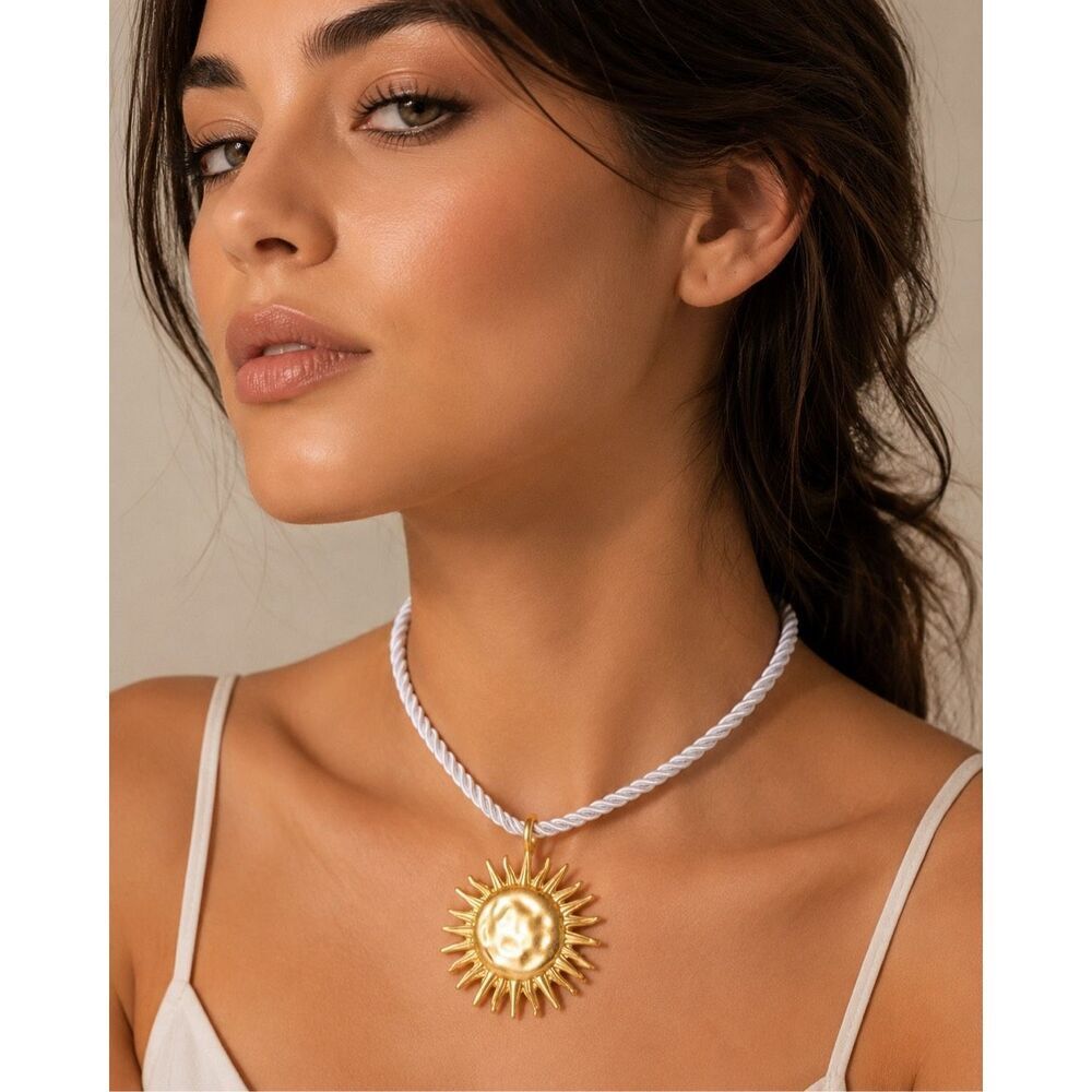Anthropologie Boho Sun Pendant Necklace White Rope Gold Tone Celestial Statement